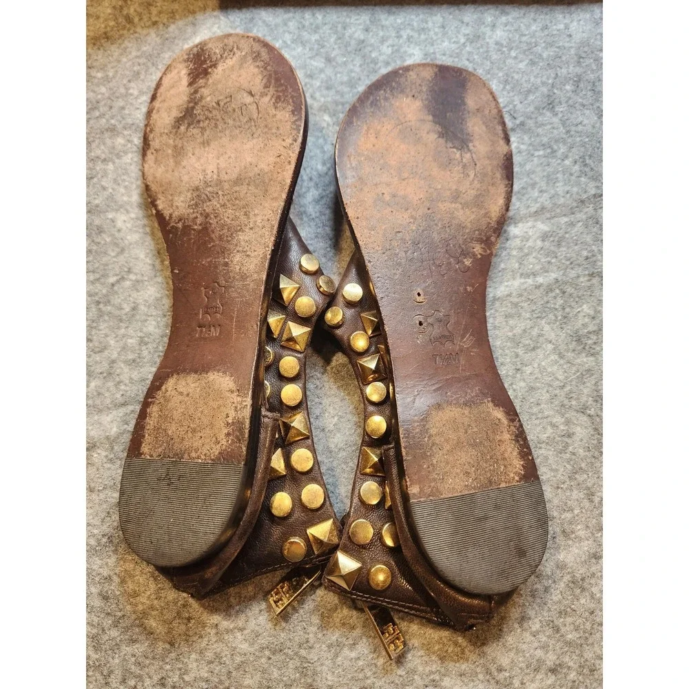 Tory Burch Sandals Shoes Womens Size 7.5 Brown Studded Leather Thong Ankle Zip